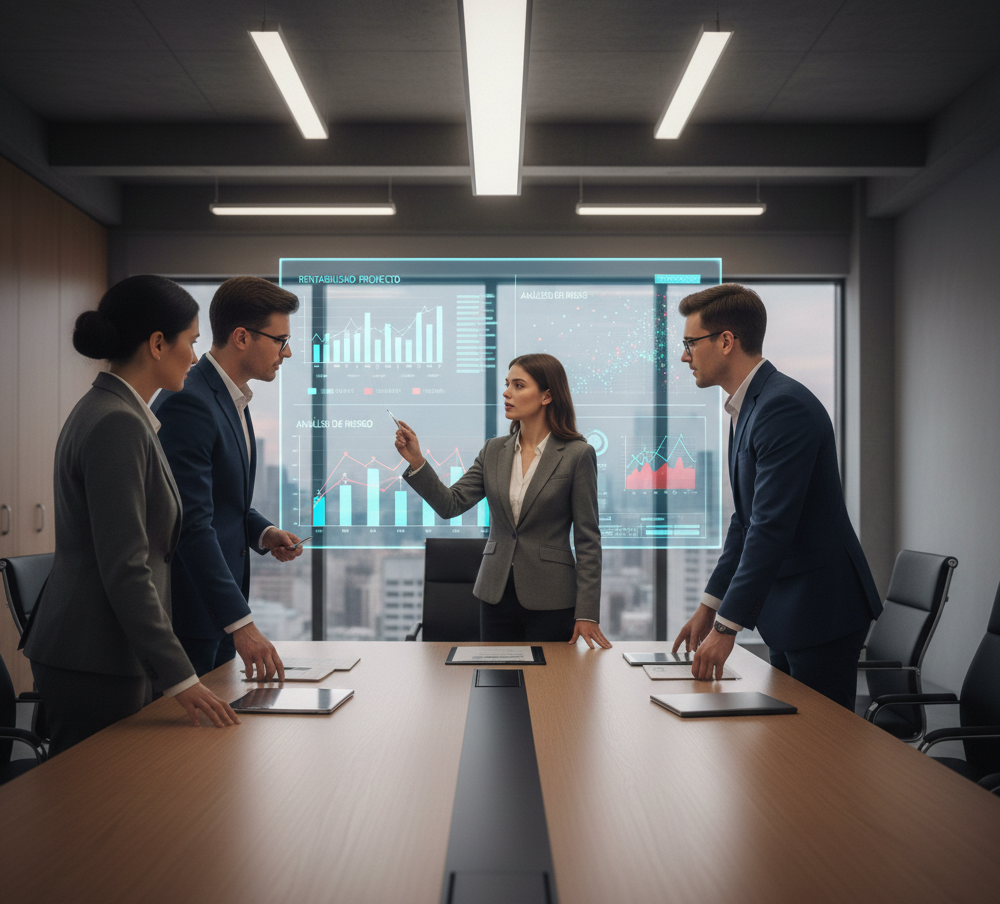 Presentación ejecutiva de análisis financiero con gráficos de rentabilidad y riesgo para proyecto de infraestructura