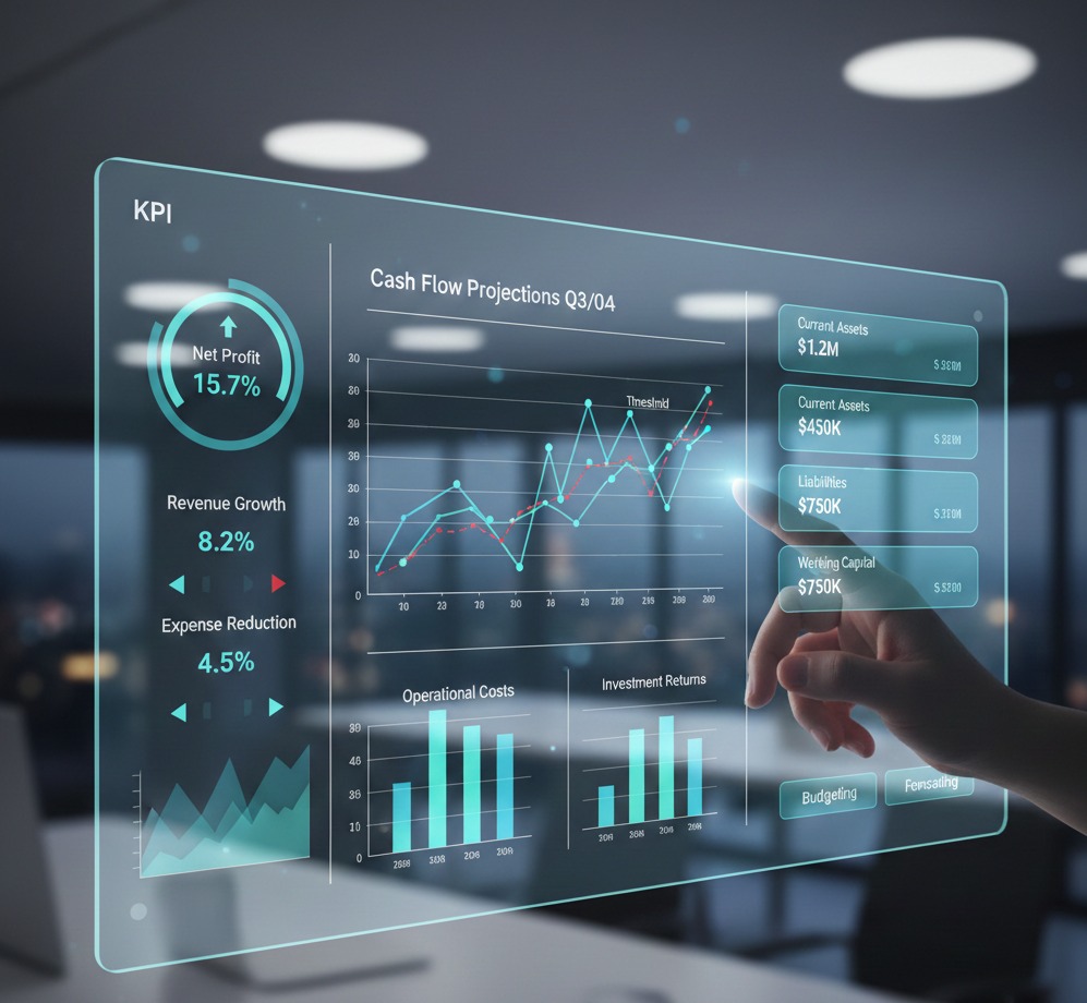 Dashboard interactivo de gestión financiera mostrando KPIs en tiempo real y proyecciones de flujo de caja